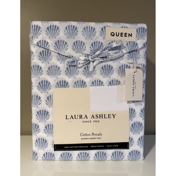 Laura Ashley Other - Laura Ashley Cotton Percale Queen Sheet Set 100% Cotton Scallop Blue Coastal